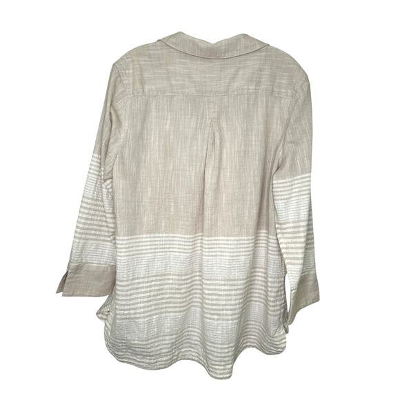 Vineyard Vines Beige White Striped 3/4 Sleeve Notched V-Neck Tunic Blouse - Picture 5 of 6